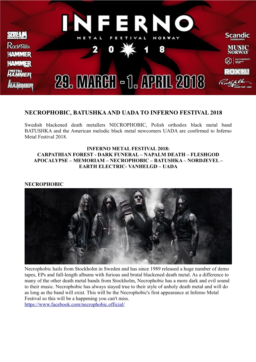 Necrophobic, Batushka and Uada to Inferno Festival 2018