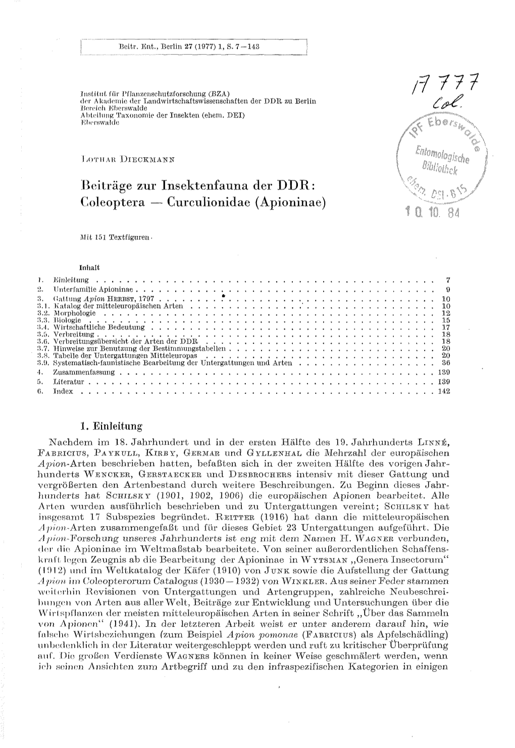 Beiträge Zur Insektenfauna Der DDR: Coleoptera — Curculionidae (Apioninae)