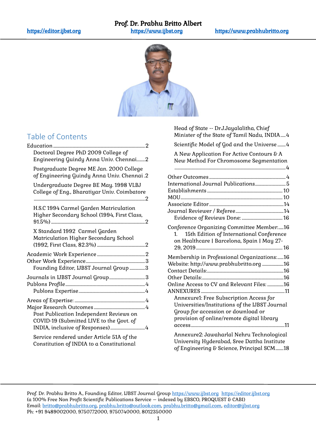 Table of Contents Minister of the State of Tamil Nadu, INDIA