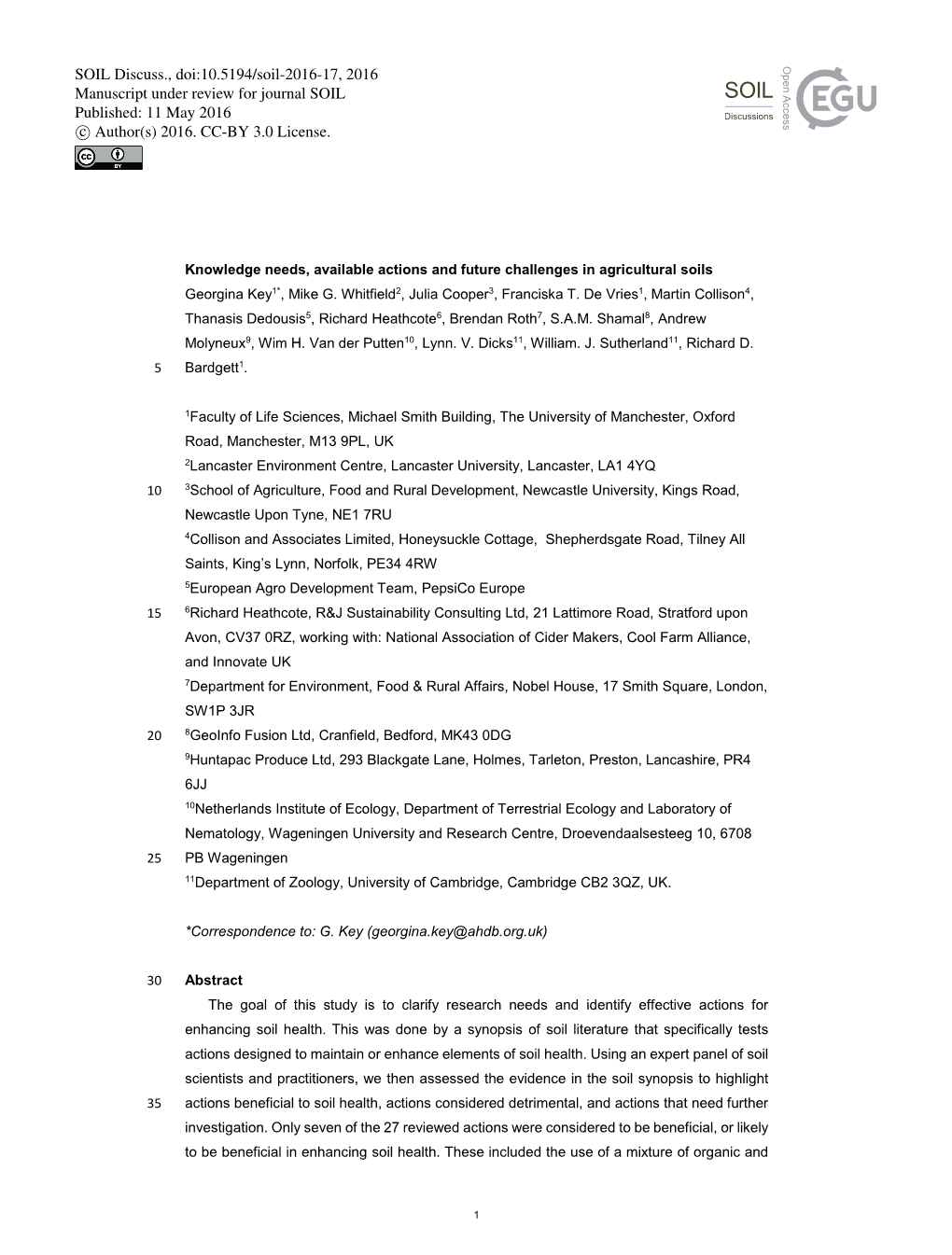 SOIL Discuss., Doi:10.5194/Soil-2016-17, 2016 Manuscript Under Review for Journal SOIL Published: 11 May 2016 C Author(S) 2016