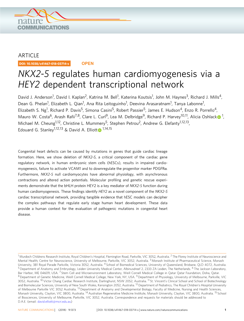 NKX2-5 Regulates Human Cardiomyogenesis Via a HEY2 Dependent Transcriptional Network
