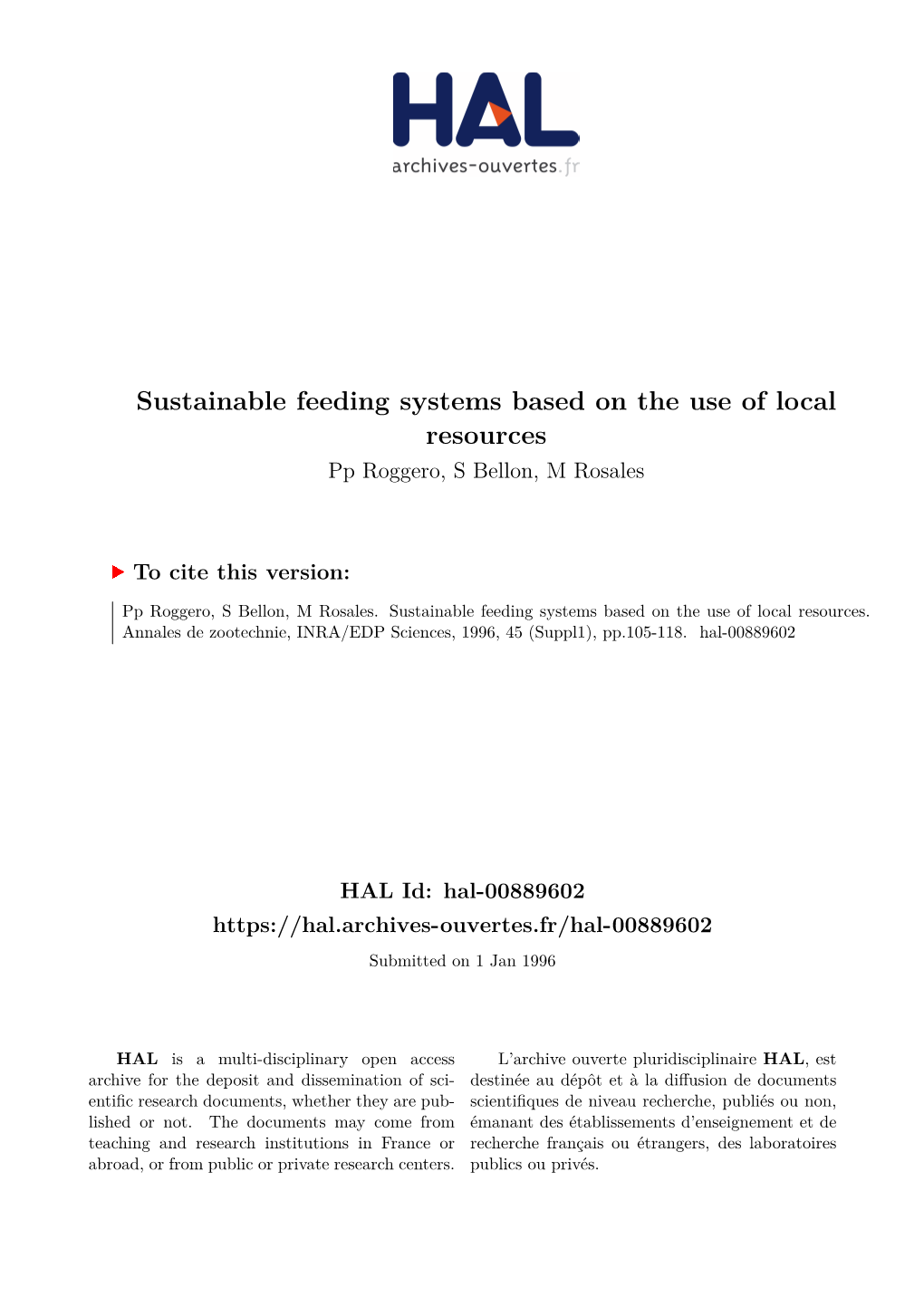 Sustainable Feeding Systems Based on the Use of Local Resources Pp Roggero, S Bellon, M Rosales