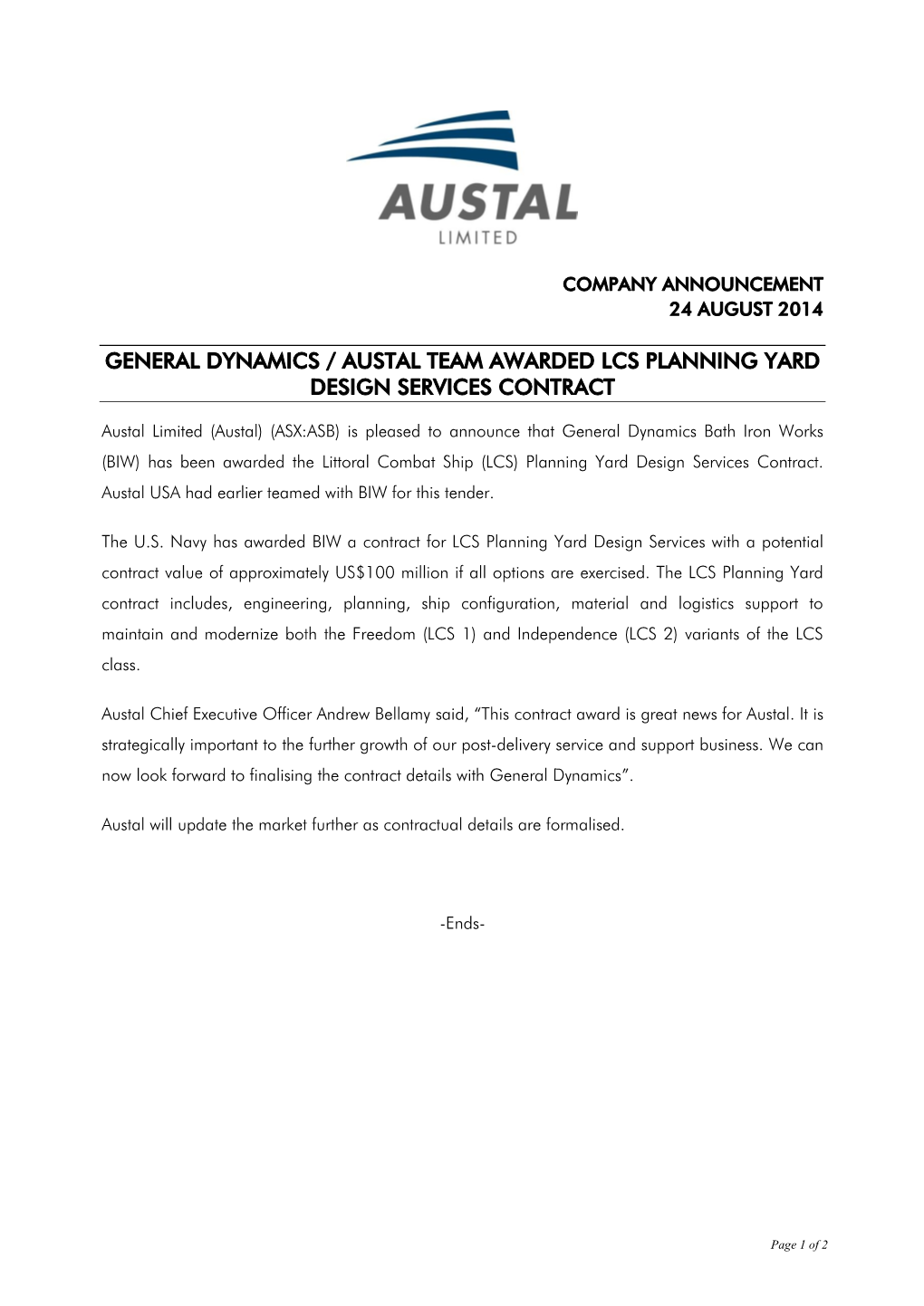 General Dynamics / Austal Team Awarded Lcs Planning Yard Design Services Contract