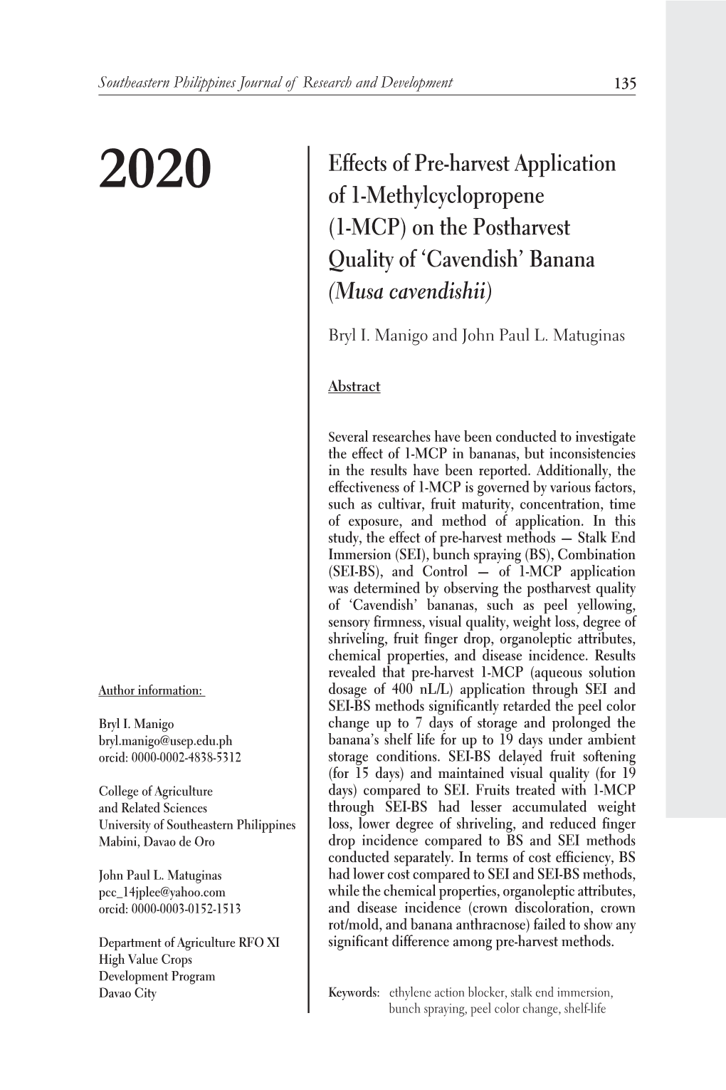 (1-MCP) on the Postharvest Quality of 'Cavendish' Banana (Musa Ca