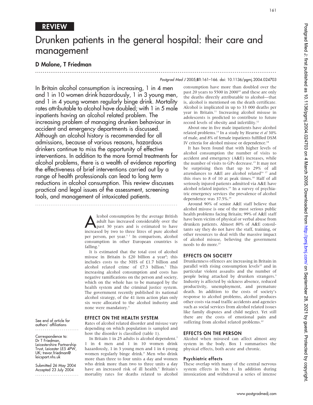 Drunken Patients in the General Hospital: Their Care and Management