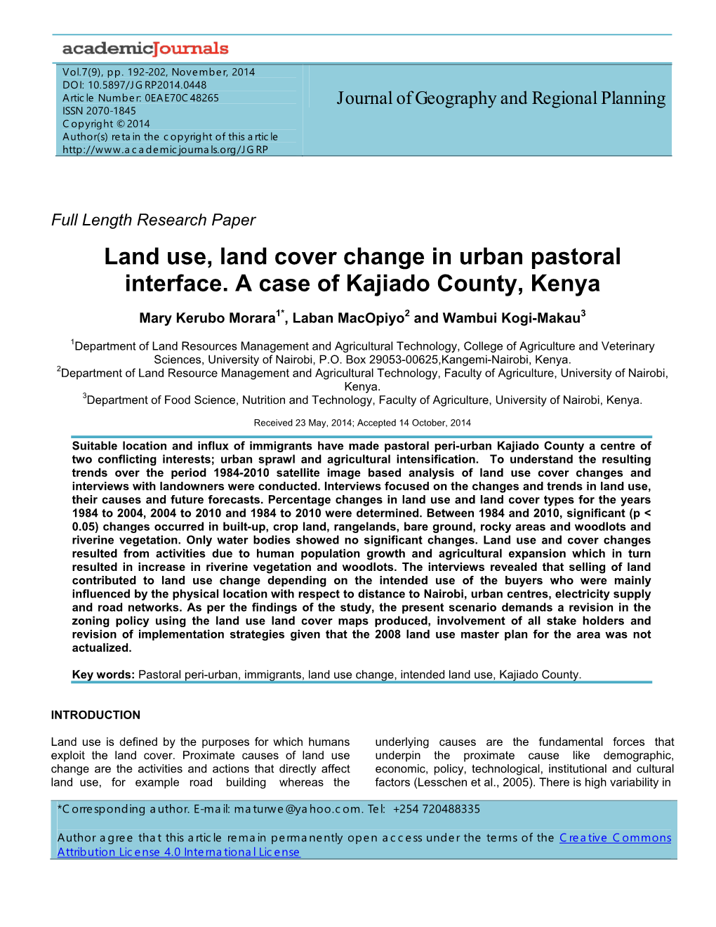 Land Use, Land Cover Change in Urban Pastoral Interface. a Case of Kajiado County, Kenya