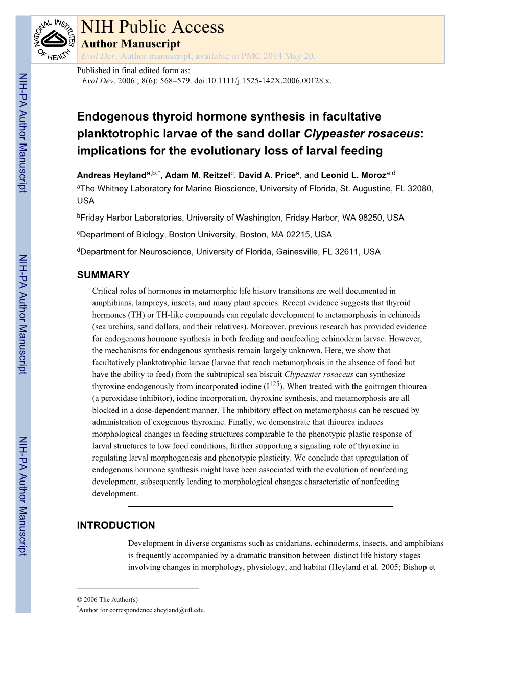 NIH Public Access Author Manuscript Evol Dev