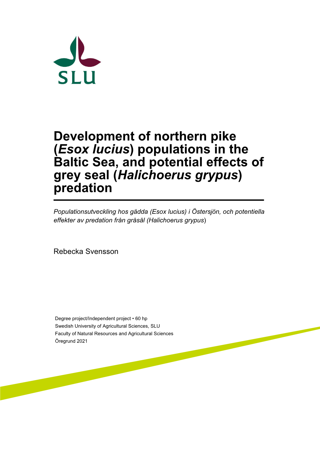 Esox Lucius) Populations in the Baltic Sea, and Potential Effects of Grey Seal (Halichoerus Grypus) Predation