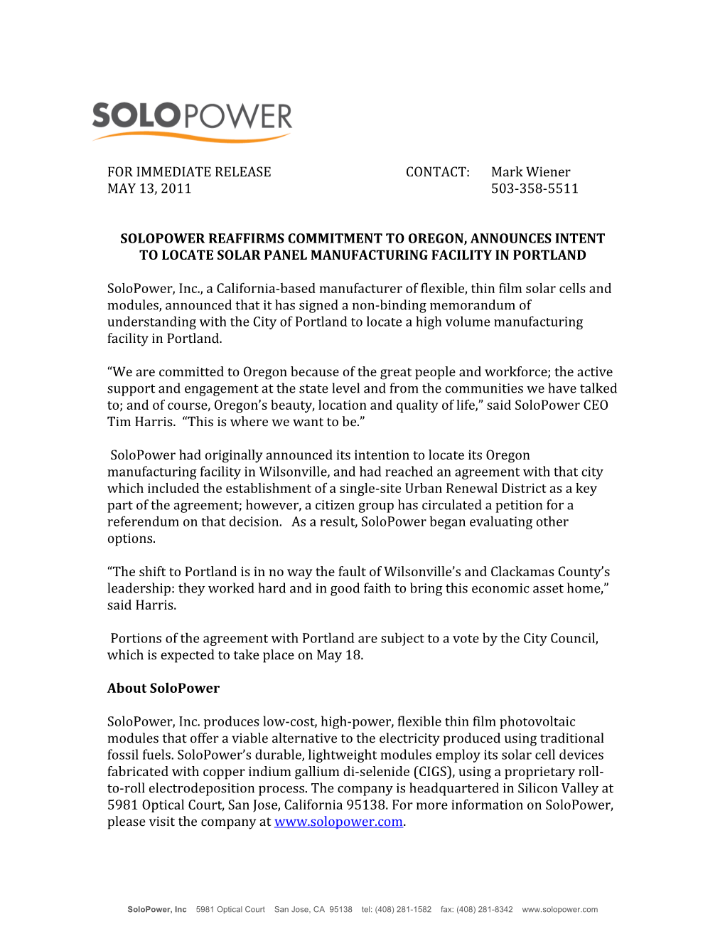 Solopower Reaffirms Commitment to Oregon, Announces Intent