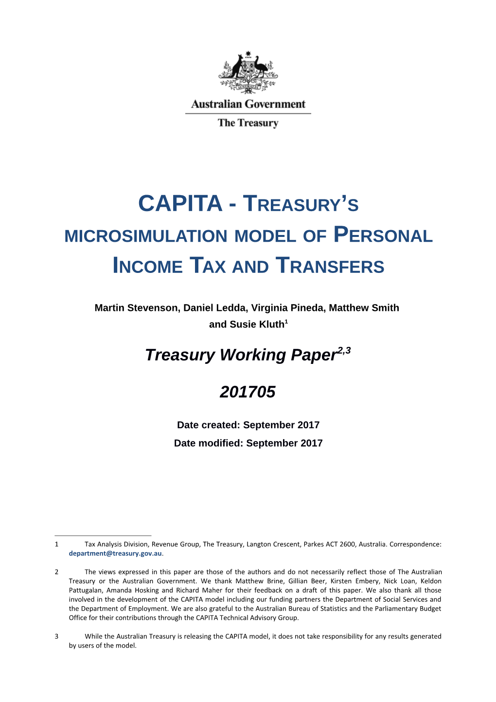 CAPITA - Treasury's Microsimulation Model of Personal Income Tax and Transfers