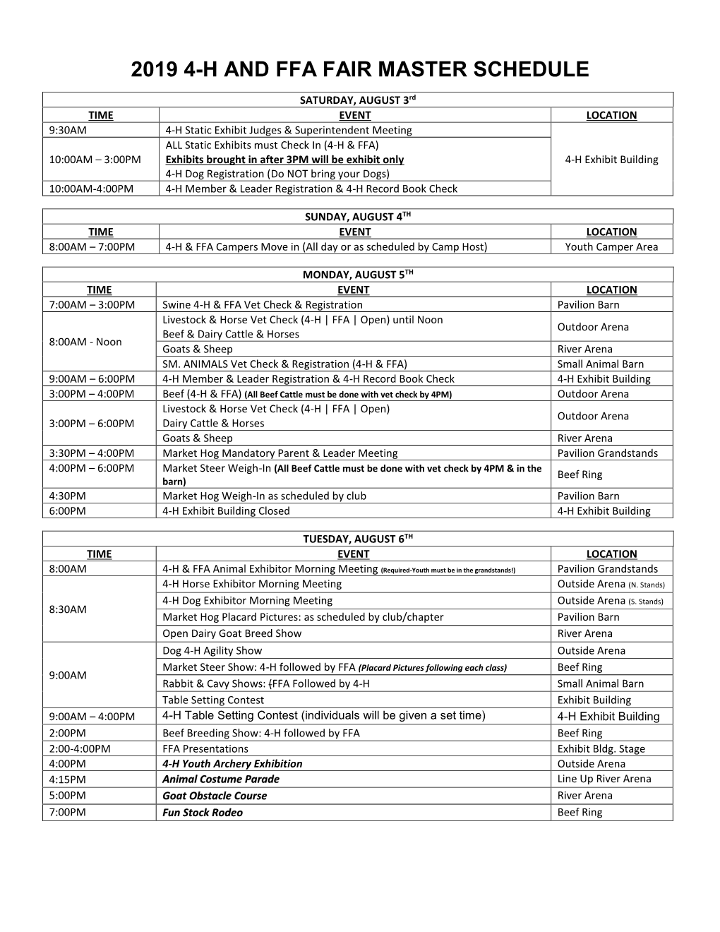 2019 4-H and Ffa Fair Master Schedule