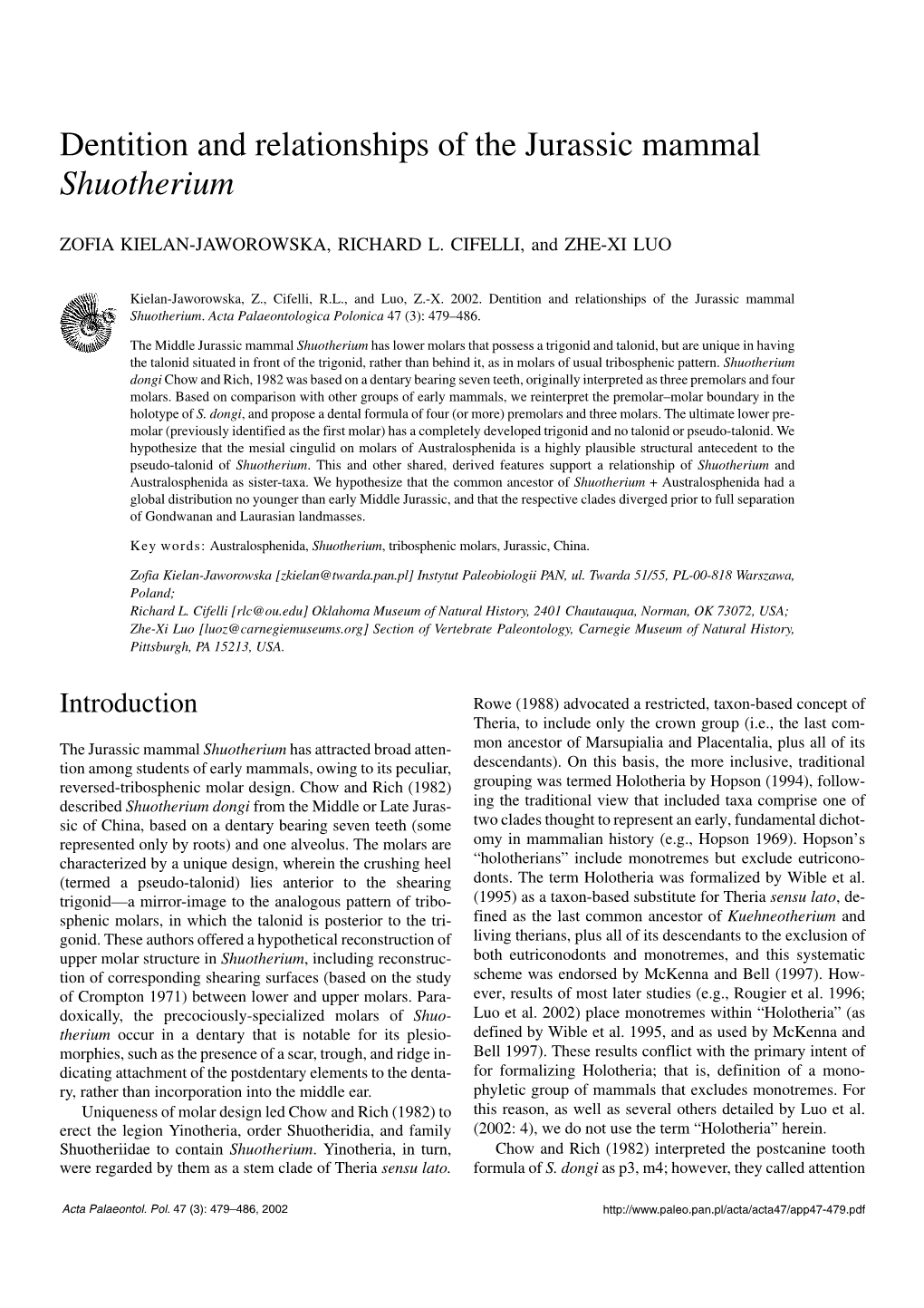 Dentition and Relationships of the Jurassic Mammal Shuotherium