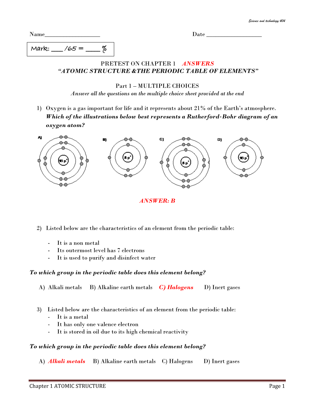 Chapter 1 Answers “Atomic Structure &The Periodic Table of Elements”