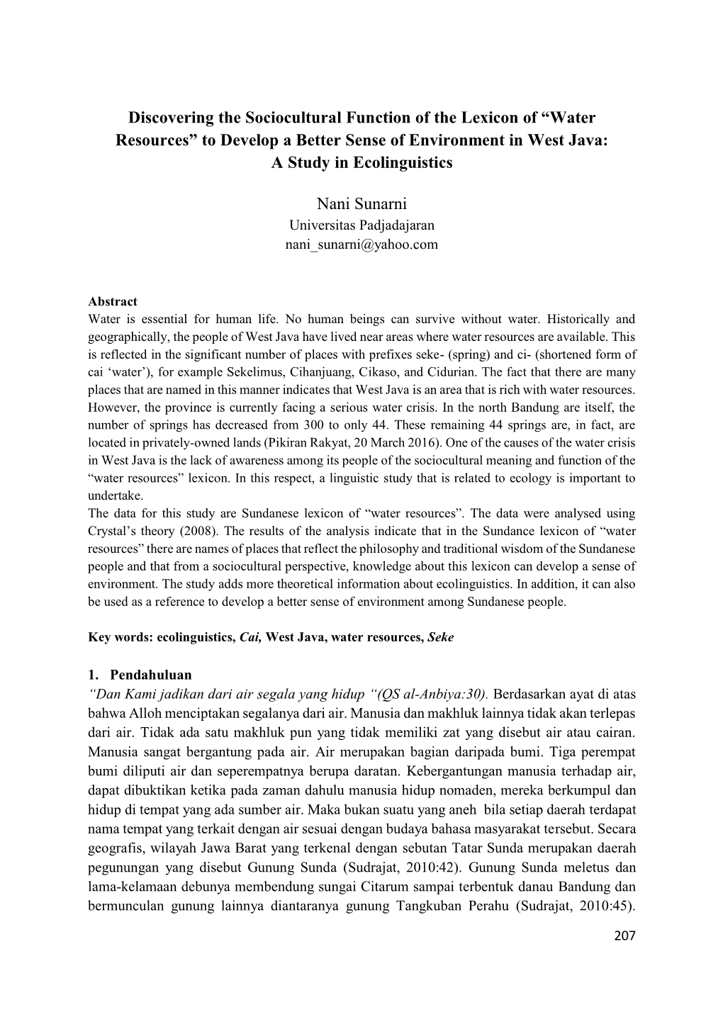 Discovering the Sociocultural Function of the Lexicon of “Water Resources” to Develop a Better Sense of Environment in West Java: a Study in Ecolinguistics