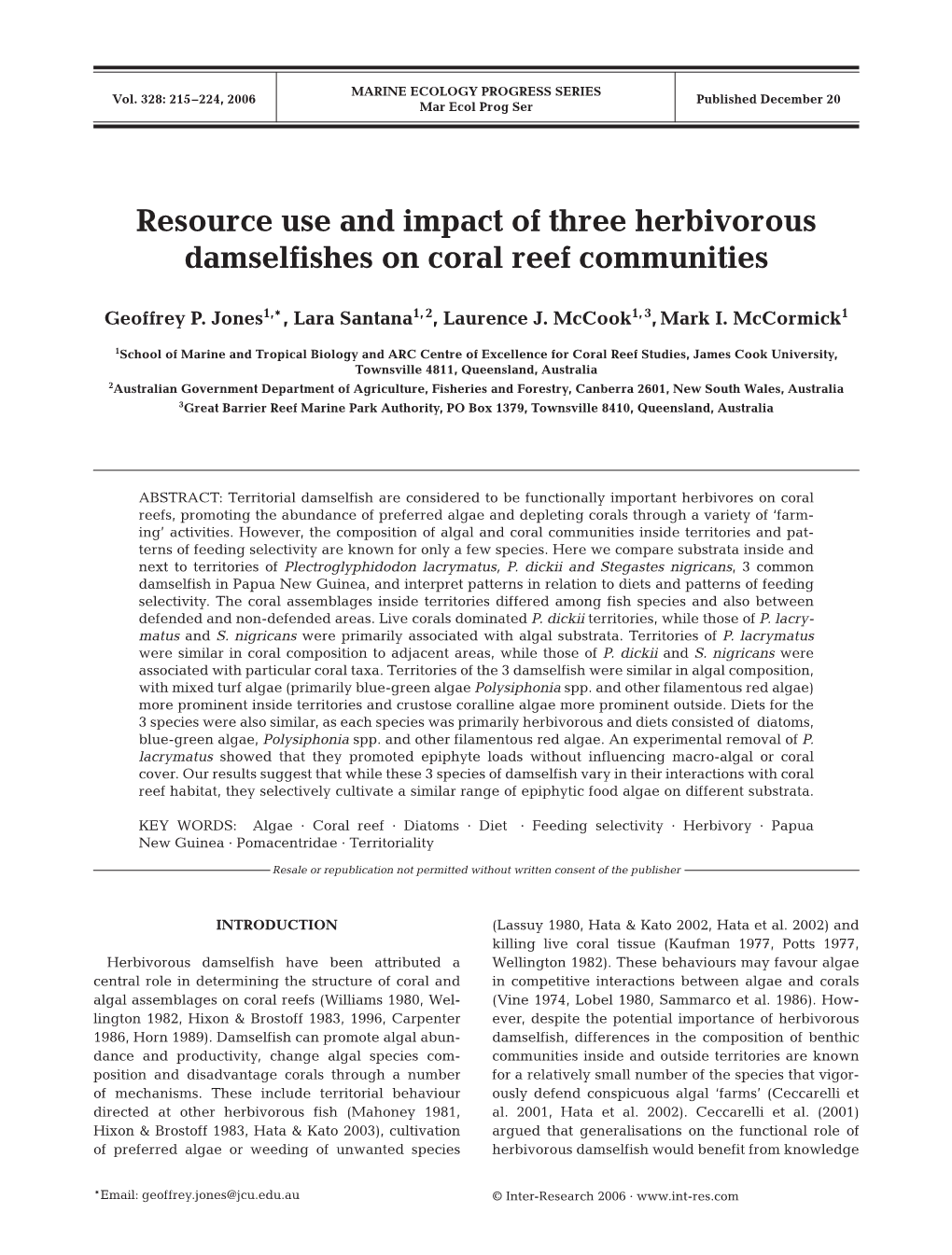 Resource Use and Impact of Three Herbivorous Damselfishes on Coral Reef Communities