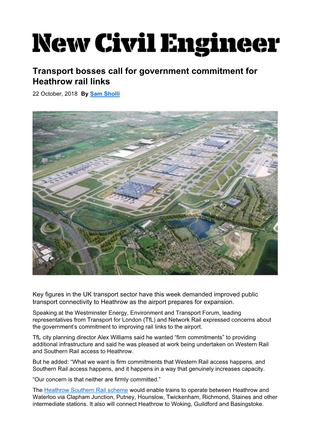 Transport Bosses Call for Government Commitment for Heathrow Rail Links 22 October, 2018 by Sam Sholli