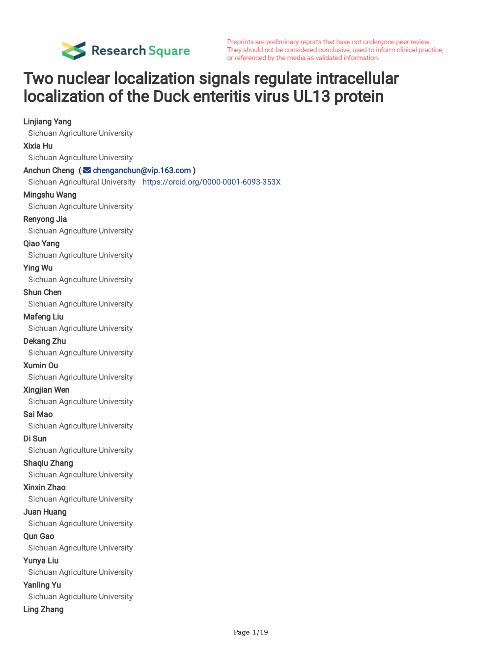 Two Nuclear Localization Signals Regulate Intracellular Localization of the Duck Enteritis Virus UL13 Protein