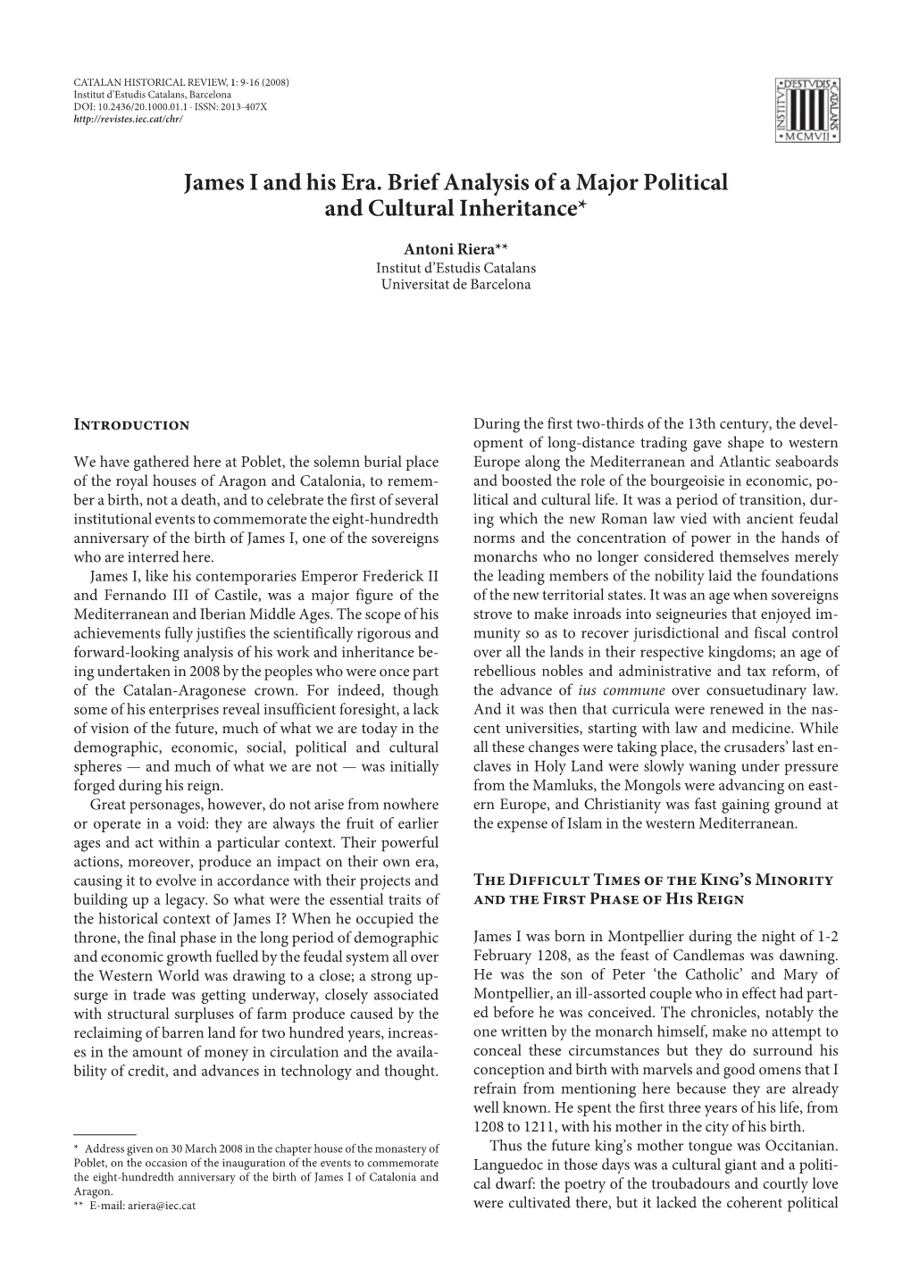 James I and His Era. Brief Analysis of a Major Political and Cultural Inheritance*