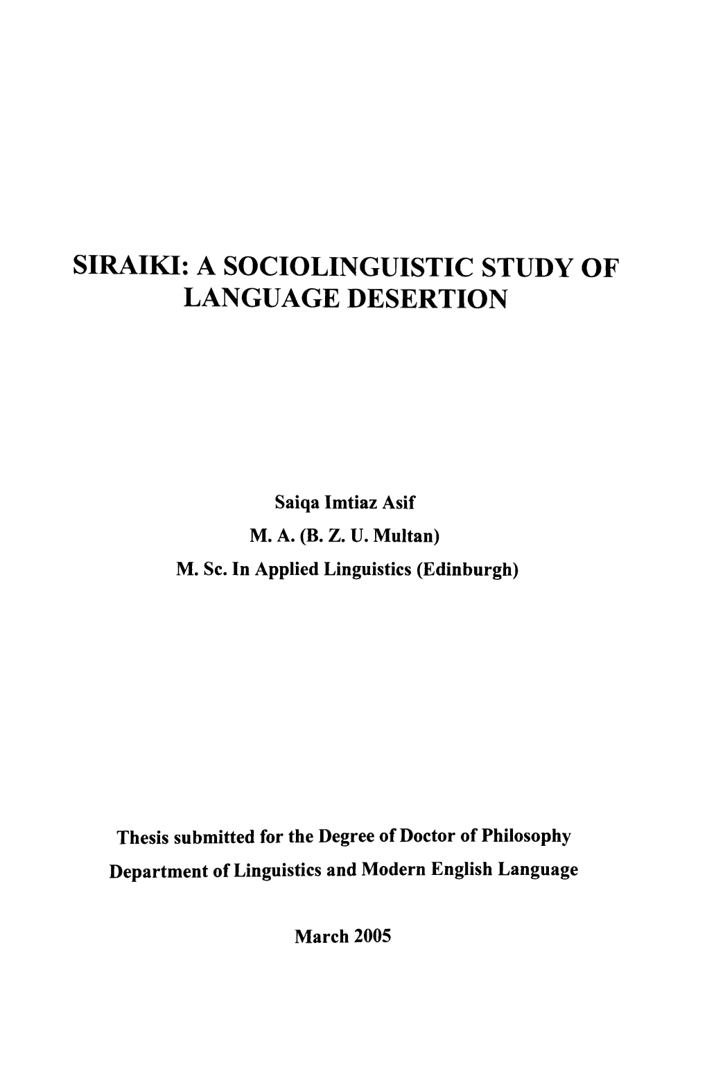 Siraiki: a Sociolinguistic Study of Language Desertion