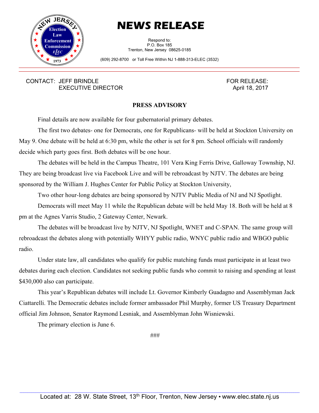 NEWS RELEASE Law Enforcement Respond To: Commission P.O