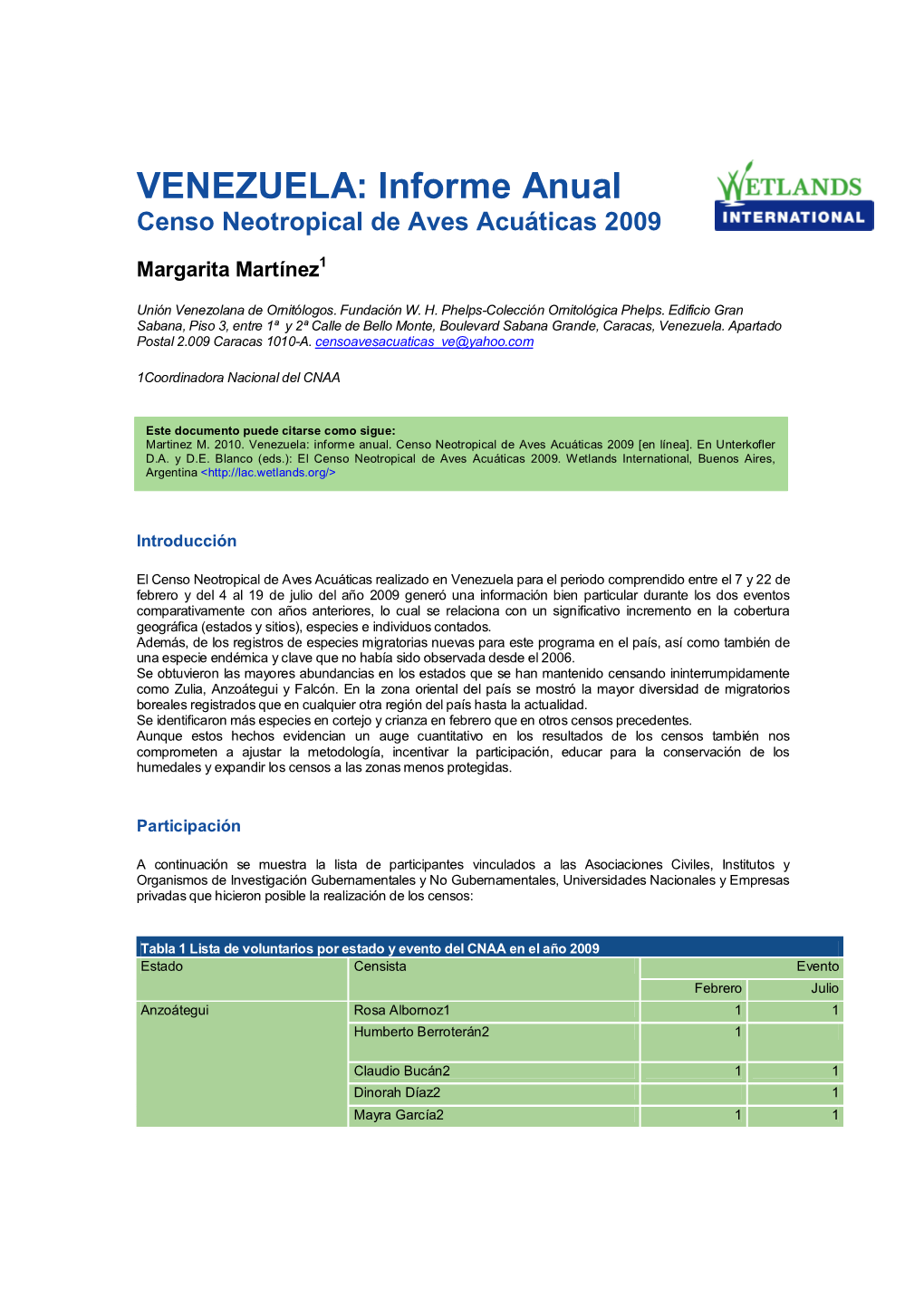 VENEZUELA: Informe Anual Censo Neotropical De Aves Acuáticas 2009