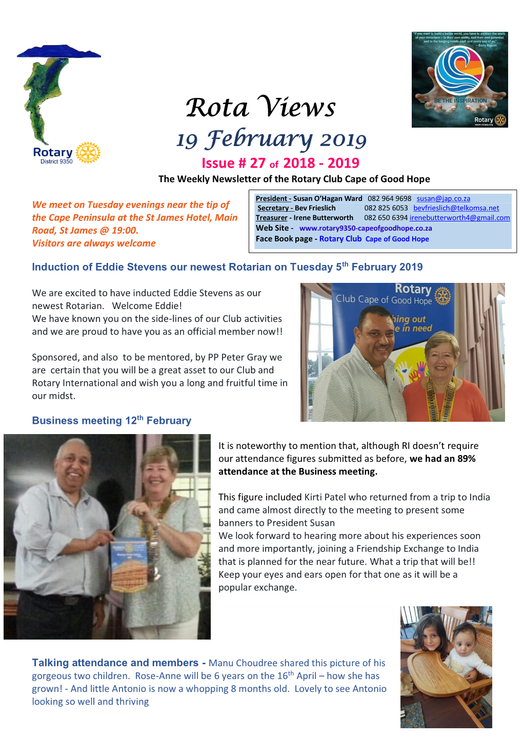 Rota Views 19 February 2019 Issue # 27 of 2018 - 2019 the Weekly Newsletter of the Rotary Club Cape of Good Hope