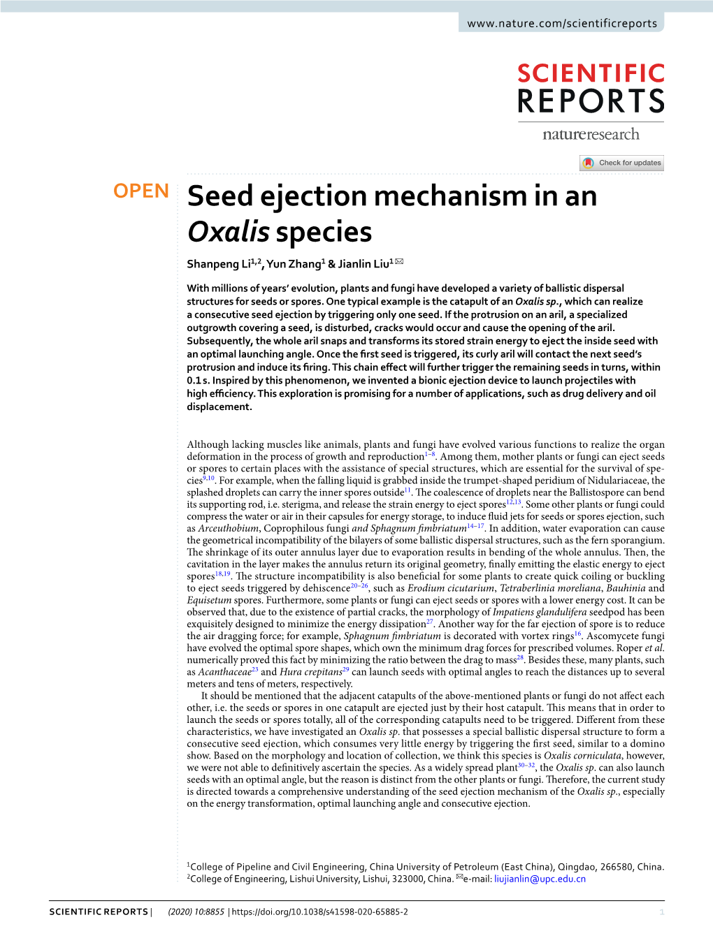 Seed Ejection Mechanism in an Oxalis Species Shanpeng Li1,2, Yun Zhang1 & Jianlin Liu1 ✉