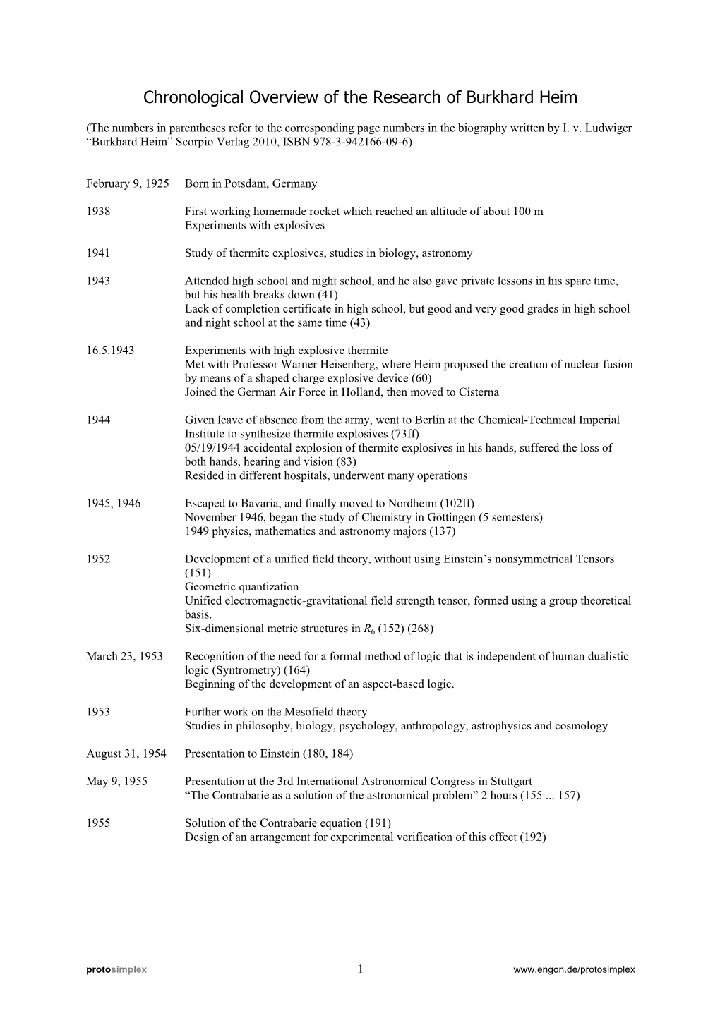 Chronological Overview of the Research of Burkhard Heim