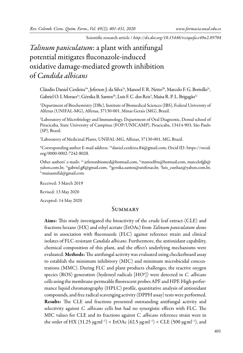 Talinum Paniculatum: a Plant with Antifungal Potential Mitigates Fluconazole-Induced Oxidative Damage-Mediated Growth Inhibition of Candida Albicans