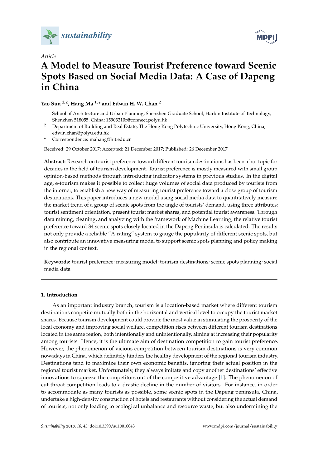 A Model to Measure Tourist Preference Toward Scenic Spots Based on Social Media Data: a Case of Dapeng in China