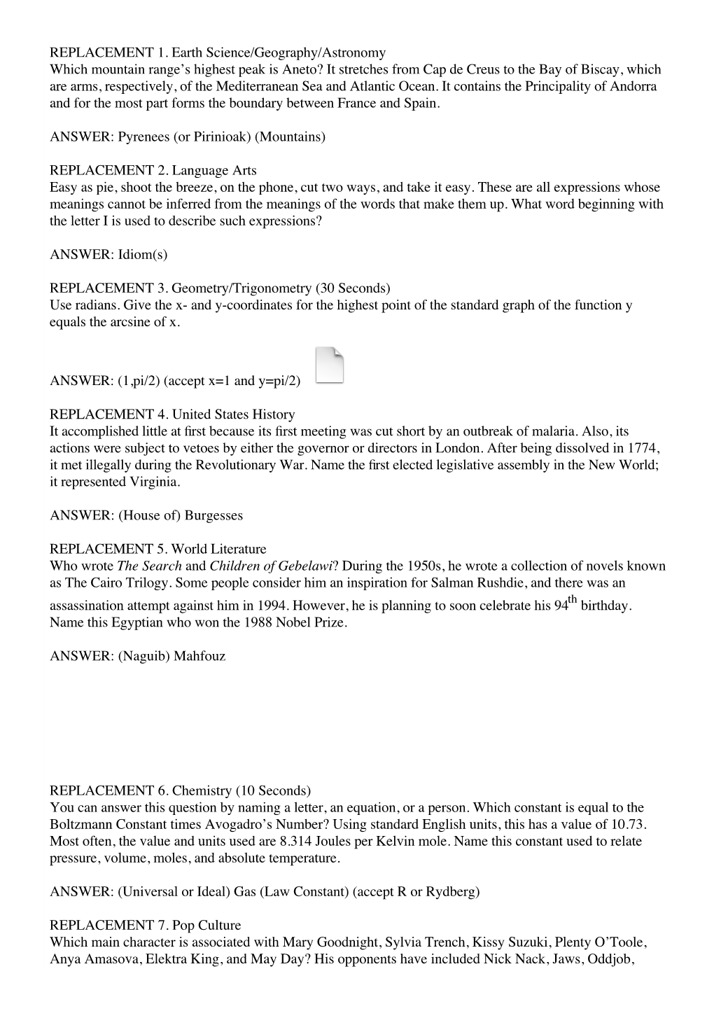 REPLACEMENT 1. Earth Science/Geography/Astronomy