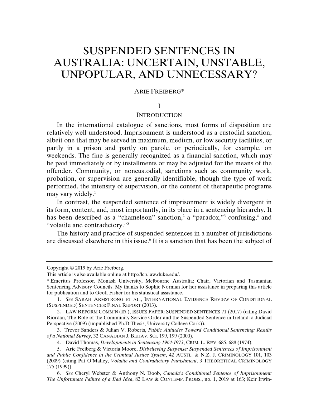 Suspended Sentences in Australia: Uncertain, Unstable, Unpopular, and Unnecessary?