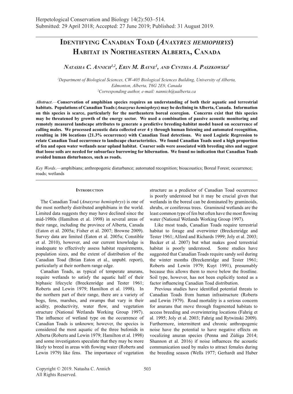 Identifying Canadian Toad (Anaxyrus Hemiophrys) Habitat in Northeastern Alberta, Canada