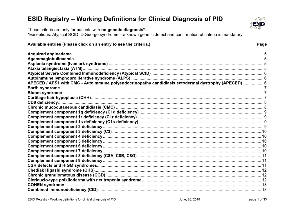 ESID Registry – Working Definitions for Clinical Diagnosis of PID