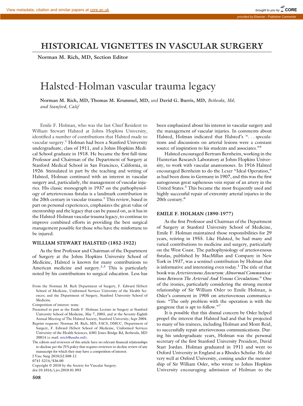 Halsted-Holman Vascular Trauma Legacy