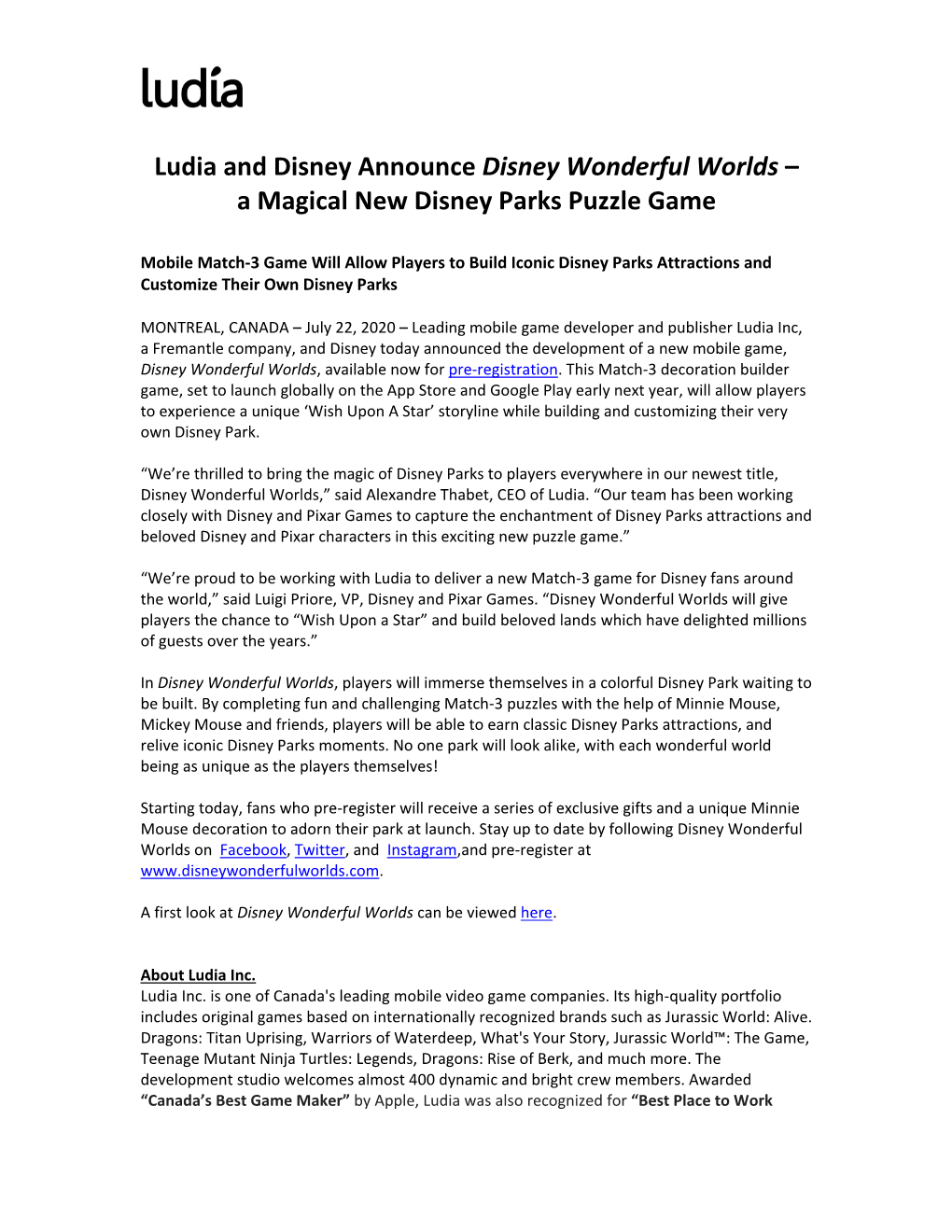 Ludia and Disney Announce Disney Wonderful Worlds – a Magical New Disney Parks Puzzle Game