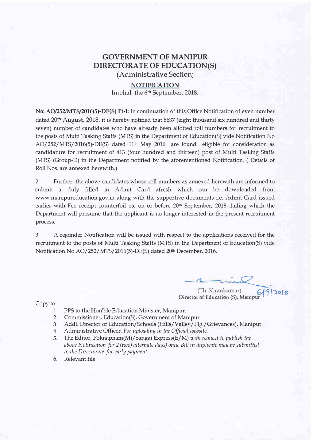 NOTIFICATION Imphal, the 6Th September, 2018