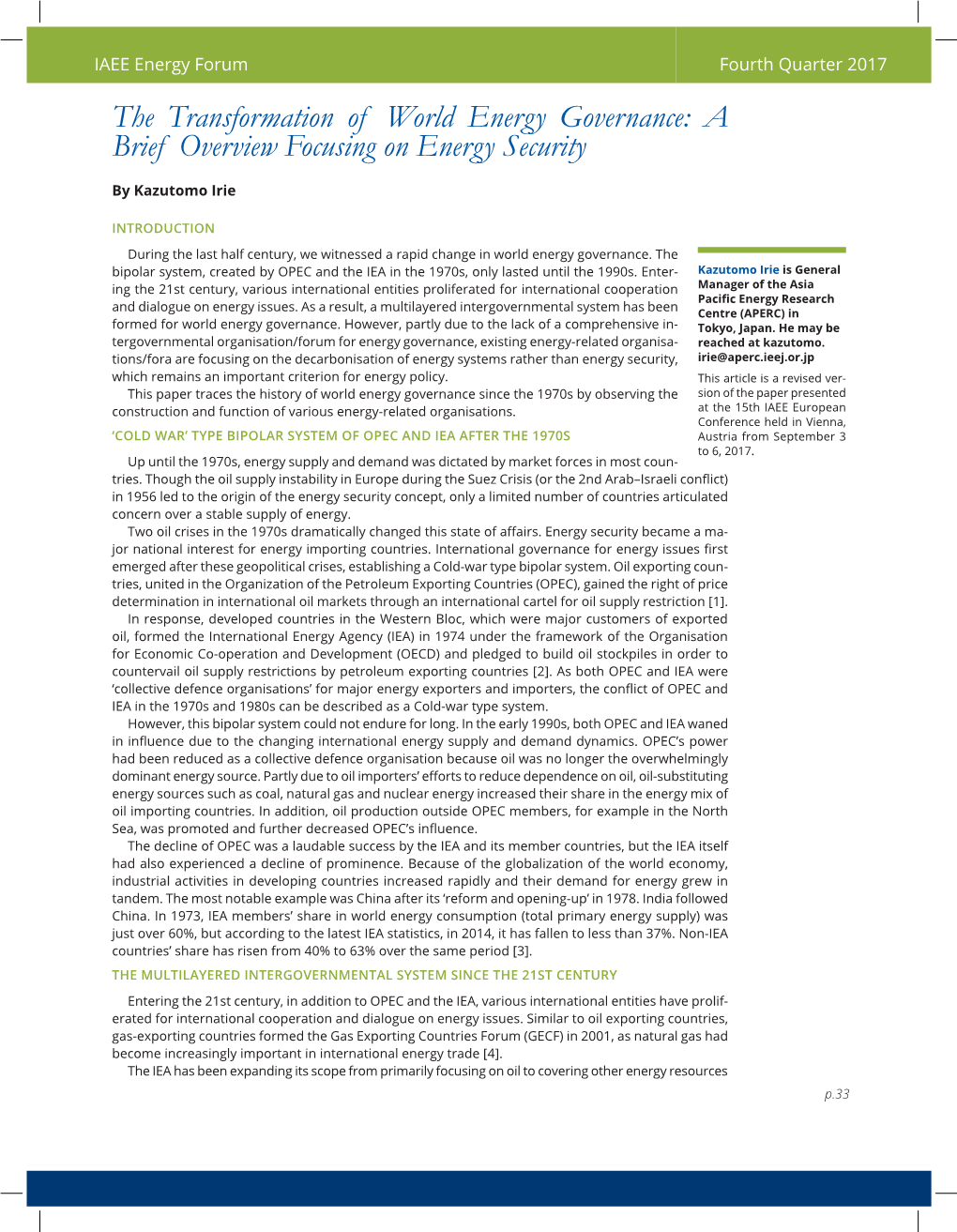 The Transformation of World Energy Governance: a Brief Overview Focusing on Energy Security