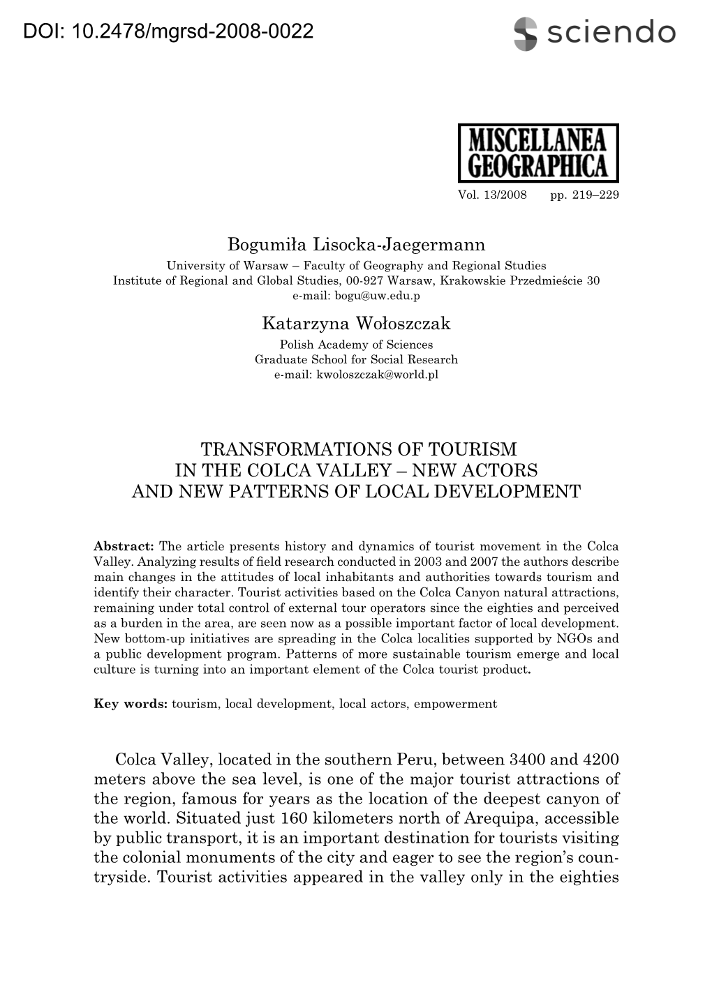 Bogumiła Lisocka-Jaegermann Katarzyna Wołoszczak TRANSFORMATIONS of TOURISM in the COLCA VALLEY