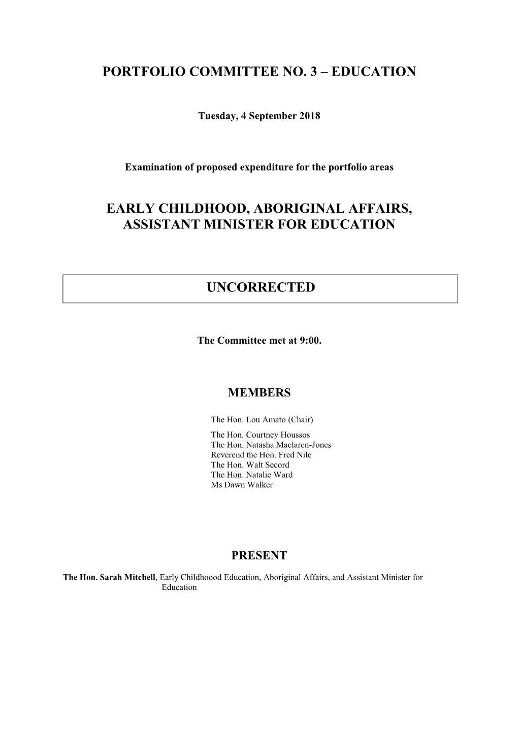 Early Childhood, Aboriginal Affairs, Assistant Minister for Education