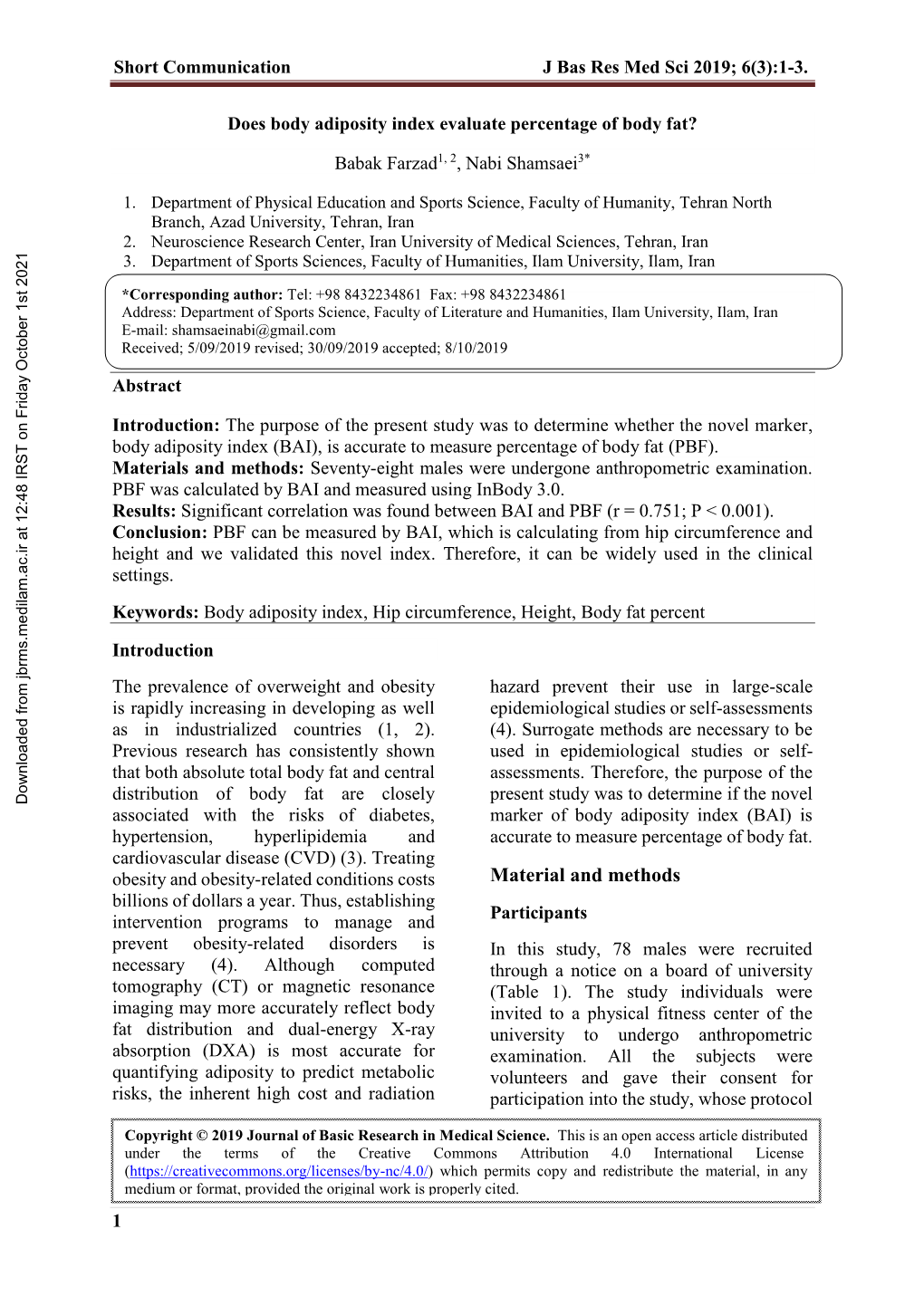 Does Body Adiposity Index Evaluate Percentage of Body Fat?