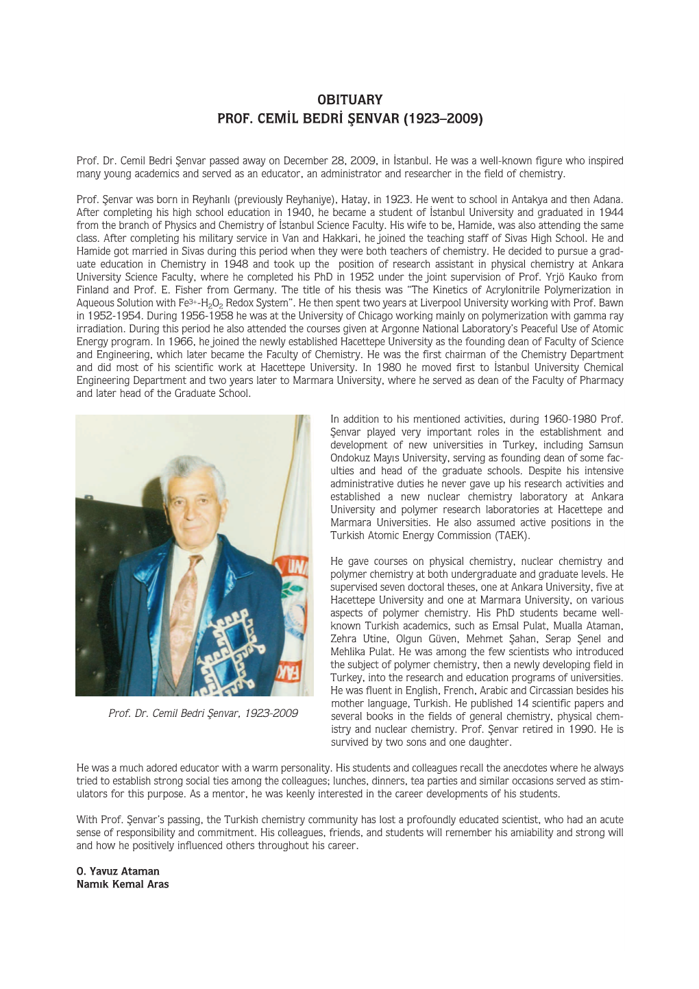 Obituary Prof. Cemil Bedri Şenvar (1923–2009)