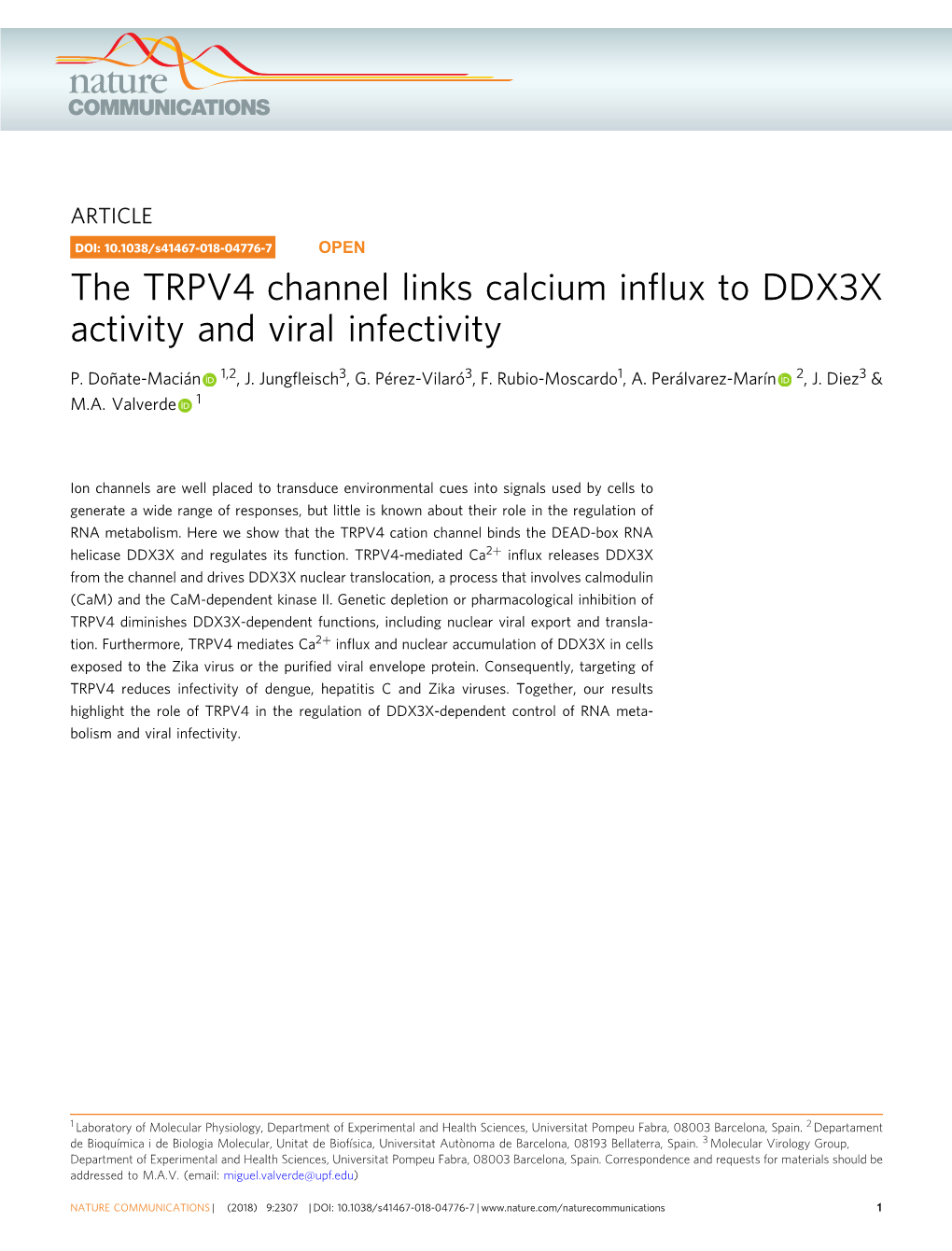 The TRPV4 Channel Links Calcium Influx to DDX3X Activity and Viral
