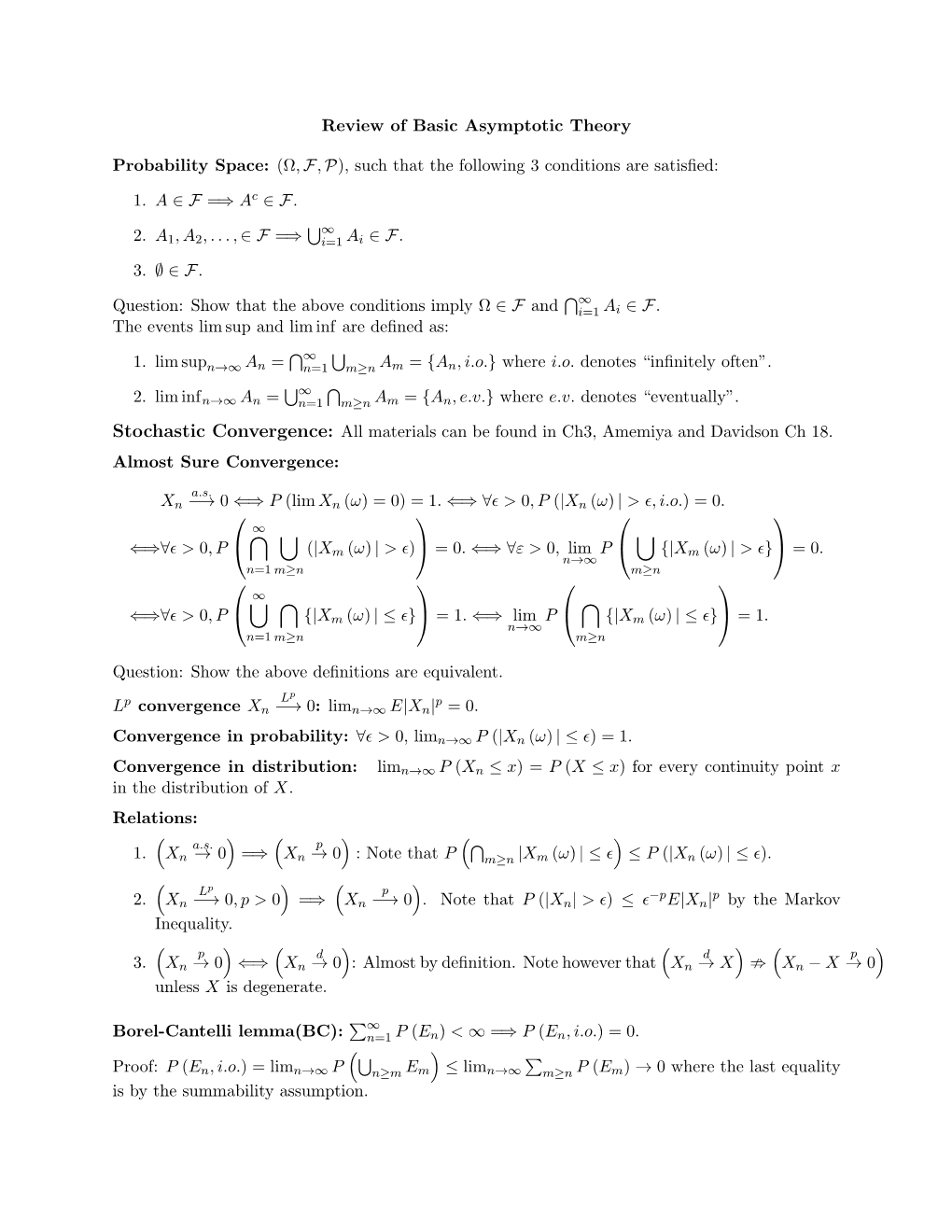 Review of Basic Asymptotic Theory Probability Space: (Ω,F,P)