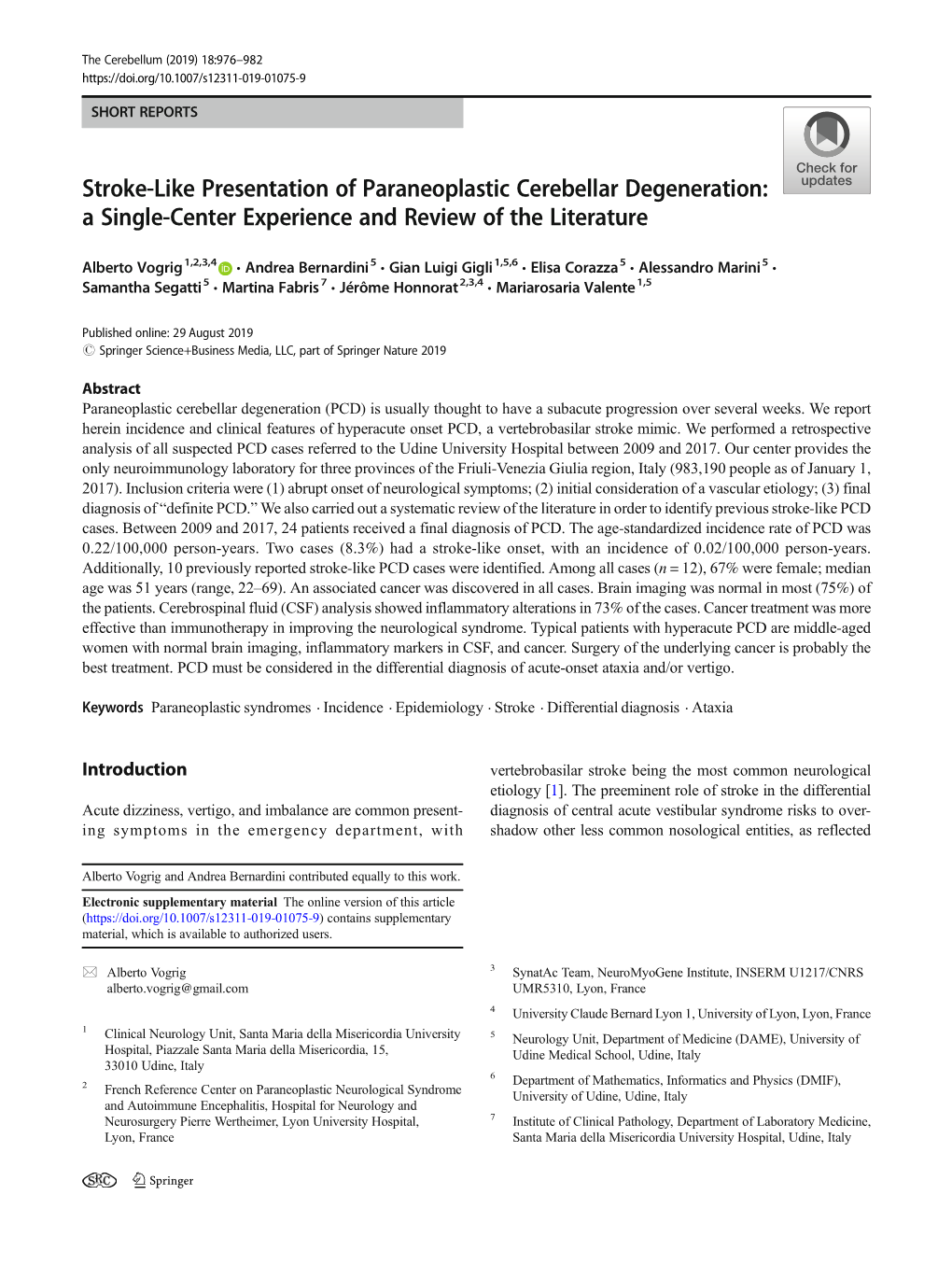 Stroke-Like Presentation of Paraneoplastic Cerebellar Degeneration: a Single-Center Experience and Review of the Literature