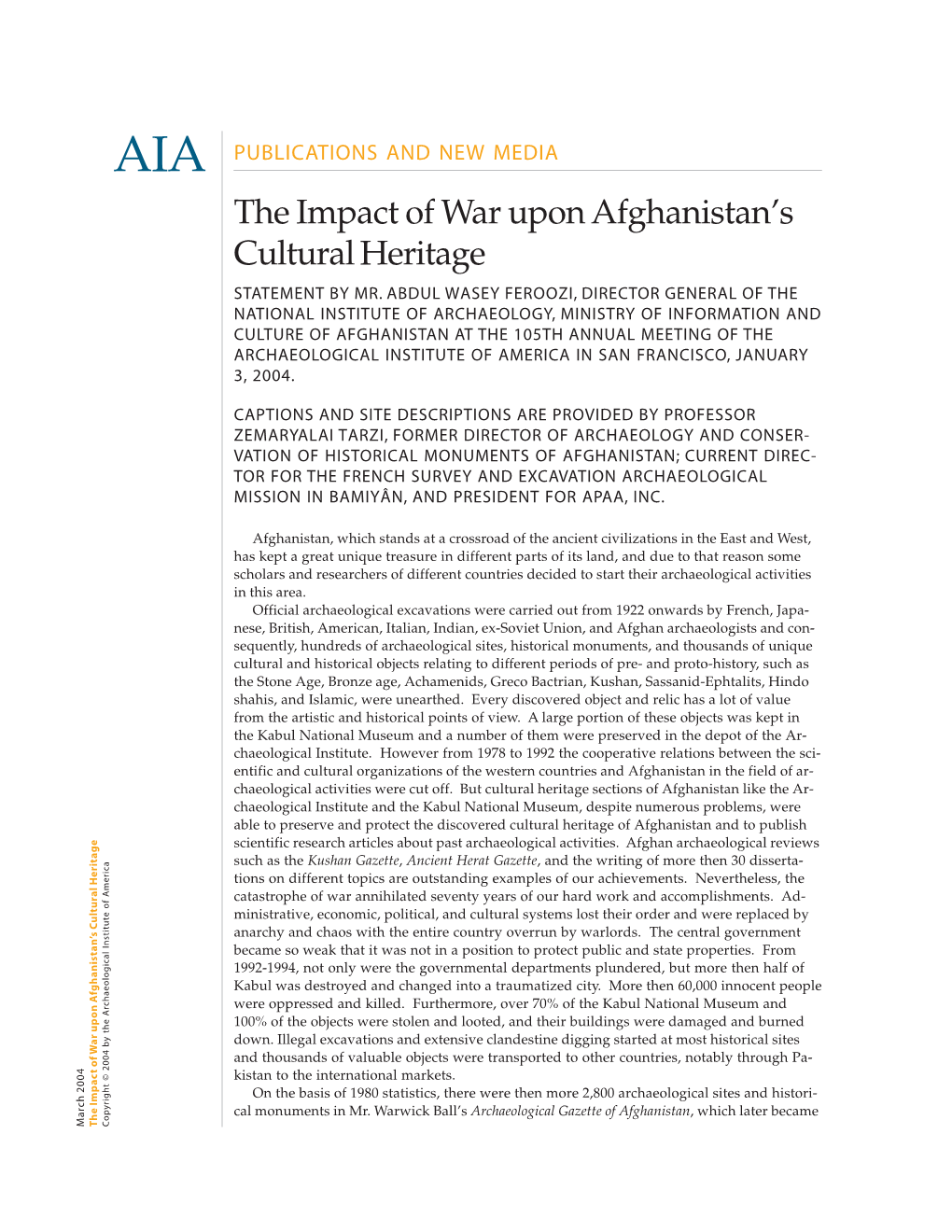 The Impact of War Upon Afghanistan's Cultural Heritage