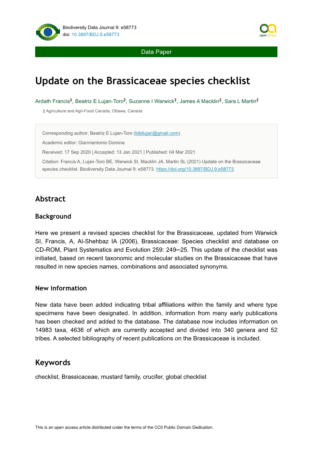 Update on the Brassicaceae Species Checklist