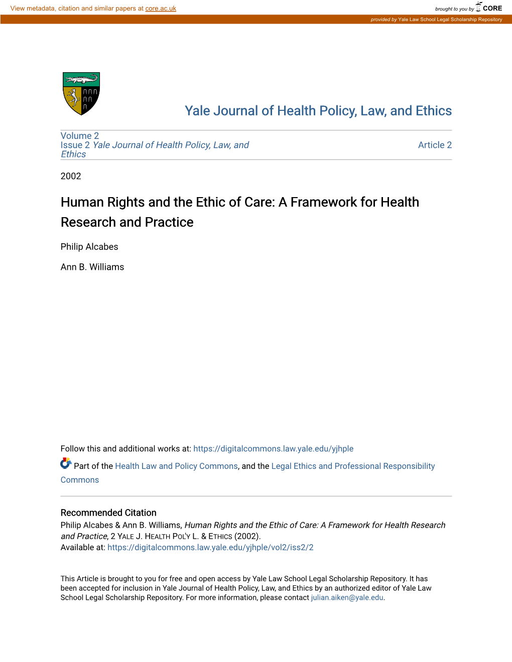 Human Rights and the Ethic of Care: a Framework for Health Research and Practice