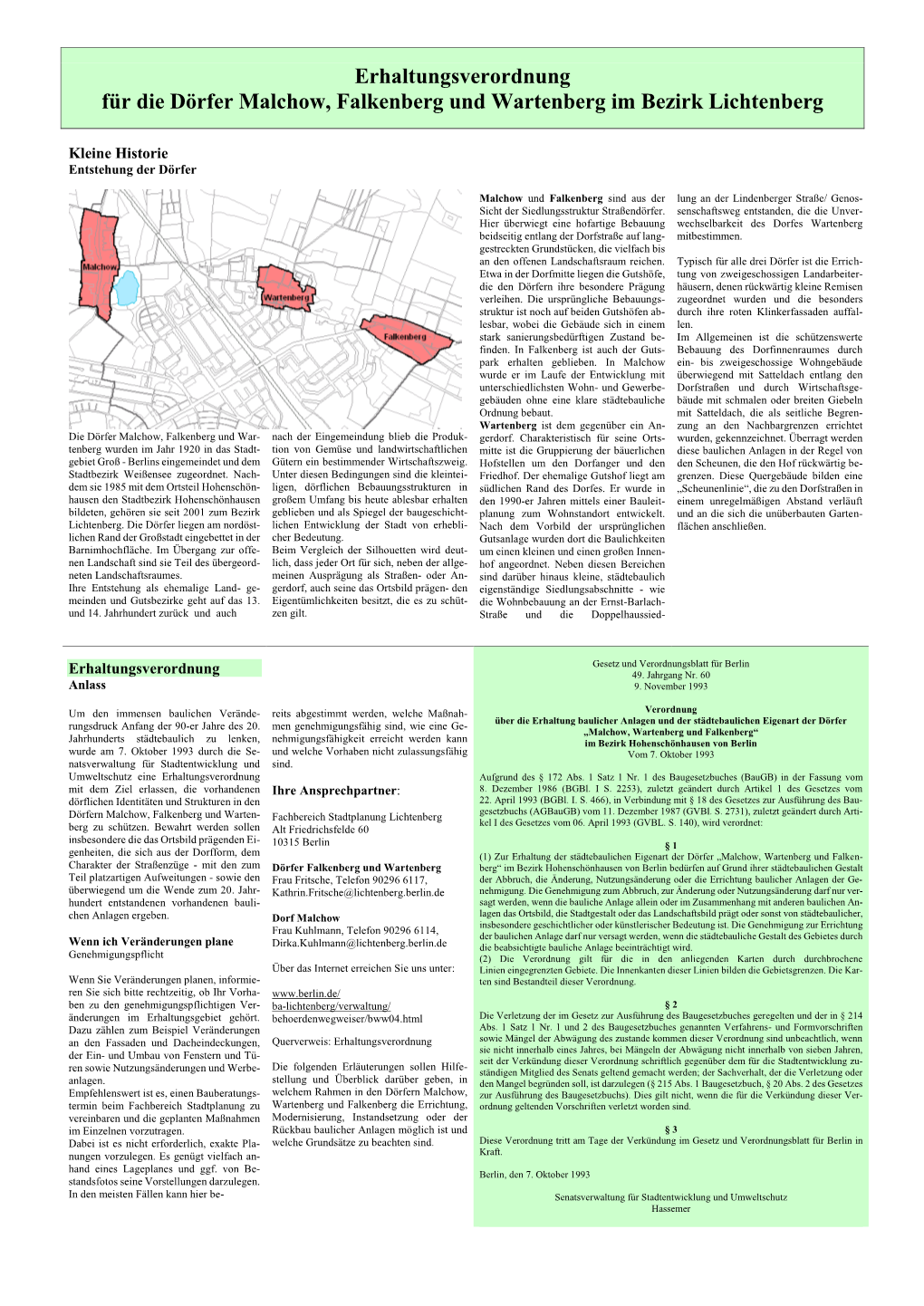 Erhaltungsverordnung Für Die Dörfer Malchow, Falkenberg Und Wartenberg Im Bezirk Lichtenberg