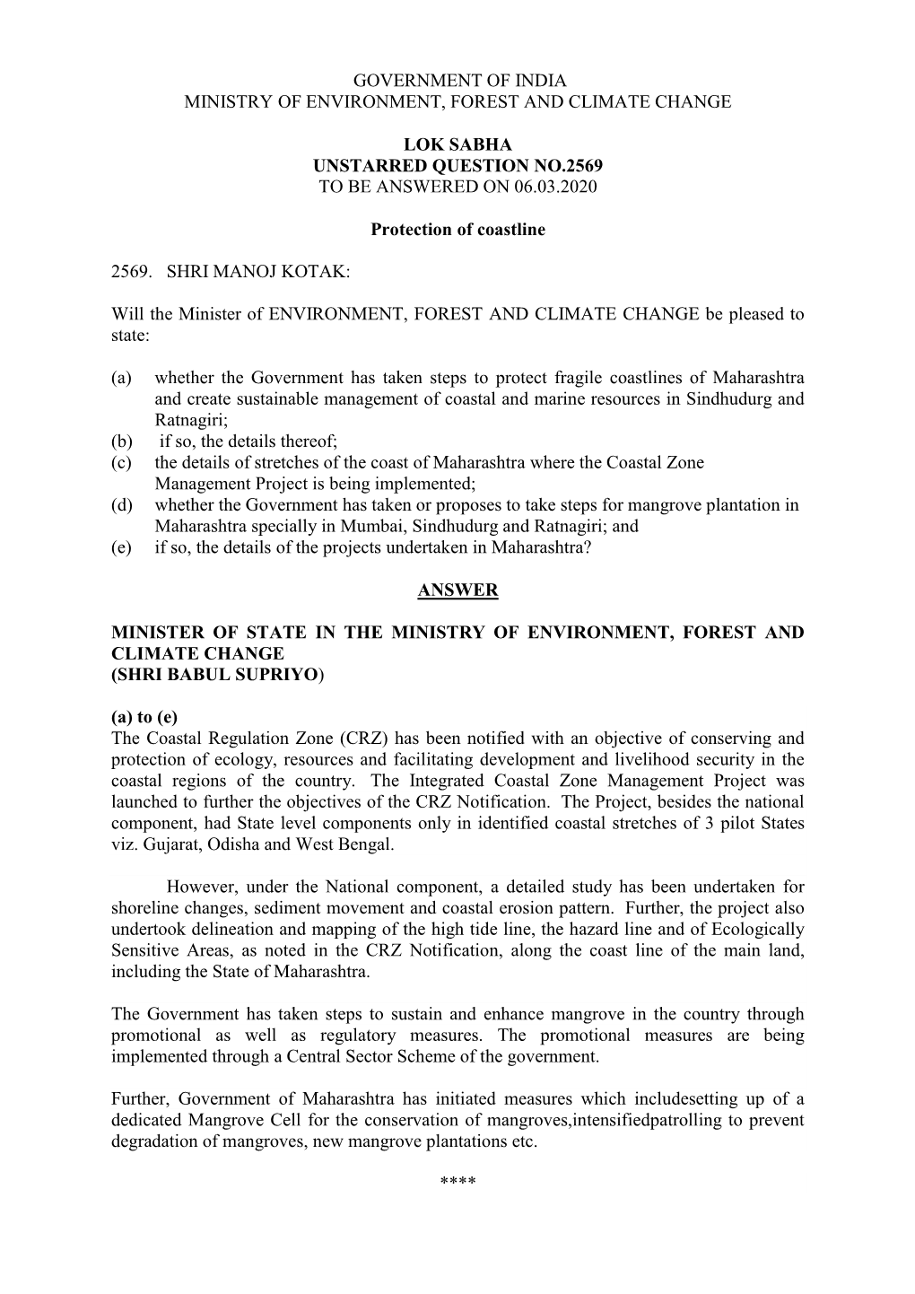 Government of India Ministry of Environment, Forest and Climate Change Lok Sabha Unstarred Question No.2569 to Be Answered on 06